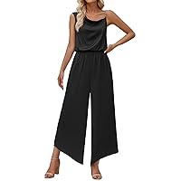 SNKSDGM Womens Wrap V Neck Sleeveless Jumpsuit Playsuits Waist Tie Spaghetti Strap Flared Pants Romper Overalls with Pockets