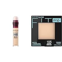 Maybelline Instant Age Rewind Eraser Dark Circles Treatment Multi-Use Concealer, 100, 1 Count & Fit Me Matte + Poreless Pressed Face Powder Makeup & Setting Powder, Fair Ivory, 1 Count