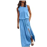 Womens Elastic Mid Waist Sleeveless Crewneck T-Shirt Dress Summer Side Split Hem Casual Dressy Dress with Pockets