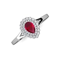 Pear Cut 7x5 mm Ruby Round Diamond 1 1/6 ctw Women Halo Engagement Ring 14K Gold