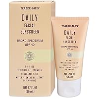 Trader Joe’s Daily Facial Sunscreen Broad Spectrum SPF 40 Oil Free Invisible Gel Formula Fragrance Free Water Sweat Resistant, 1.70 Fl Oz (Pack of 1) Trader Joe’s Daily Facial Sunscreen Broad Spectrum SPF 40 Oil Free Invisible Gel Formula Fragrance Free Water Sweat Resistant, 1.70 Fl Oz (Pack of 1)