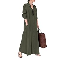 Women Long Sleeve Button Up Maxi Shirt Dress Casual Cotton Linen Long Shirtdress Loose Swing Tshirt Dress with Pocket