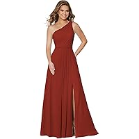 Women's Chiffon One Shoulder Bridesmaid Dresses Slit A-line Long Formal Evening Party Dress with Pockets