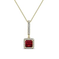 Princess Cut Ruby & Diamond Halo Pendant Necklace 0.61 ctw 14K Yellow Gold with 18
