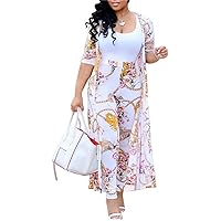 Womens Floral Print Long Sleeve Cardigan Cover up Long Pants 2 Piece Outfits Set