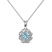 Round Aquamarine Diamond 7/8 ctw Womens Floral Halo Pendant Necklace 18 Inches Chain 14K White Gold