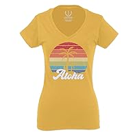 Vintage Retro Sunset Aloha Beach Hawaii Hawaiian Palm surf Tree Vacation for Women V Neck Fitted T Shirt