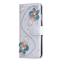 Crystal Wallet Phone Case Compatible with iPhone XR - Butterfly - Blue&White - 3D Handmade Sparkly Glitter Bling Leather Cover with Screen Protector & Neck Strip Lanyard