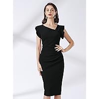 Women's Dress Dresses for Women Asymmetrical Neck Ruffle Trim Dress Dresses for Women (Color : Black, Size : XX-Large)