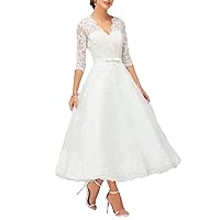 A-Line Elegant Wedding Dress V Neck Half Sleeve Tea Length Bridal Gown with Ruffles Appliques Bowknot 2024