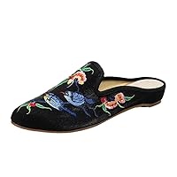 Pointed Toe Embroidered Women Slippers Canvas Casual Mules For Ladies Summer Vintage Slides Ethnic Shoes