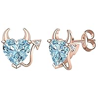 ABHI Created Heart Cut Aquamarine 925 Sterling Silver 14K Gold Over Diamond Devil Heart Stud Earring for Women's & Girl's