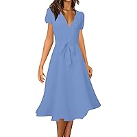 Summer Dresses for Women 2024 Solid Color Simple Classic Casual with Waistband Short Sleeve Deep V Neck Dress
