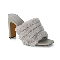 Womens High Heel Faux Fur Mule Shoes Ladies Slip On Peep Toe Slider Sandals