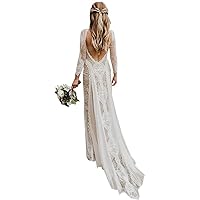 Melisa Bohemain Women's Beach Wedding Dresses for Bride Lace with Long Sleeves Backless Bridal Ball Gowns