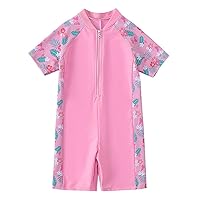 Toddler Girl Boy One Piece Swimsuit Rash Guard Short Sleeve Floral Zipper Front Boyleg UPF 50+ Bathing Suit