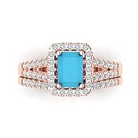 Clara Pucci 1.7 ct Emerald Cut Halo Solitaire Genuine Simulated Turquoise Designer Art Deco Statement Wedding Ring Band Set 18K Rose Gold