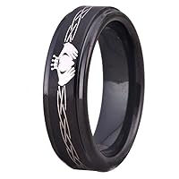 6mm/8mm Width Lover's Black Step Tungsten Carbide Brushed Surface Comfort Fit Classic Claddagh Design Ring - Sizes 5-15