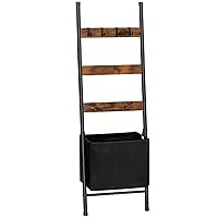 Blanket Ladder with Basket, 17.3”L x 63.4”H, Towel Rack with Hooks, Blanket Holder Rack, Decorative Ladder Shelf, Drying and Display Rack for Bathroom, Living Room, Rustic Brown BF31CJ01