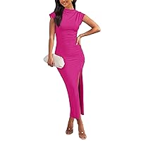 MEROKEETY Women's Cap Sleeve Mock Neck Midi Dress High Slit Bodycon Ruched Sexy Cocktail Party Dresses