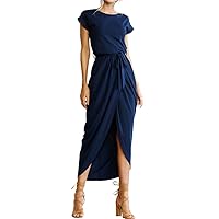 YMING Women Casual High Waist Midi Dress Solid Color Wrap Dress Summer High Low Dress with Belt