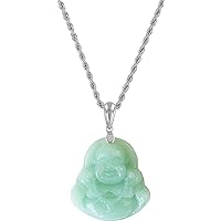 Mens Womens Luck Happy Light Green Jade Buddha Pendant Laughing Buddha Statue Silver Chain Necklace Pendant (Pendant + 22