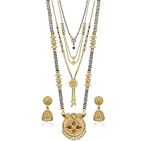 Aleafa Armlet Presents Traditional One Gram Gold Plated Combo of 4 Necklace Pendant 30 Inch Long and 18 Inch Short Mangalsutra/Tanmaniya/Nallapusalu with 1 Pair of #Aport-1428