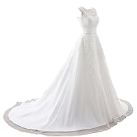 Women's Sheer Straps Applique Full Fitted Short Wedding Dress with Detachable Train