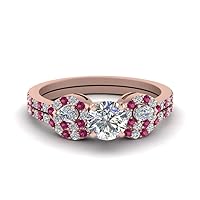 Choose Your Gemstone 3 Stone Halo Diamond CZ Wedding Set Rose Gold Plated Round Shape Wedding Ring Sets Everyday Jewelry Wedding Jewelry Handmade Gifts for Wife US Size 4 to 12
