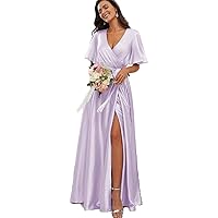 Women's Wrap Satin Bridesmaid Dresses Short Sleeves V-Neck Formal Wedding Party Dress with Slit R012