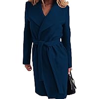 Women's Fashion Strap Lapel Solid Wool Coat Classic Slim Overcoat Faux Wool Coat Notch Mid Long Trench Coat