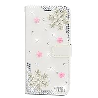 Crystal Wallet Phone Case Compatible with Samsung Galaxy S21 FE 5G - Snow - White - 3D Handmade Sparkly Glitter Bling Leather Cover with Screen Protector & Beaded Phone Lanyard