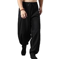 Men's Relaxed Fit Harem Pants Elastic Waist Drawstring Wide Leg Pants Linen Bloomers Loose Fit Full Length Trousers