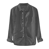 Mens Button Down Shirts Comfy Casual Linen Cotton Shirts Long Sleeve Spread Collar Lightweight Beach Plain Tops with Pocket