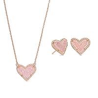 Kendra Scott Ari Heart Pendant Necklace in Rose Gold and Ari Heart Stud Earrings in Rose Gold Set for Women