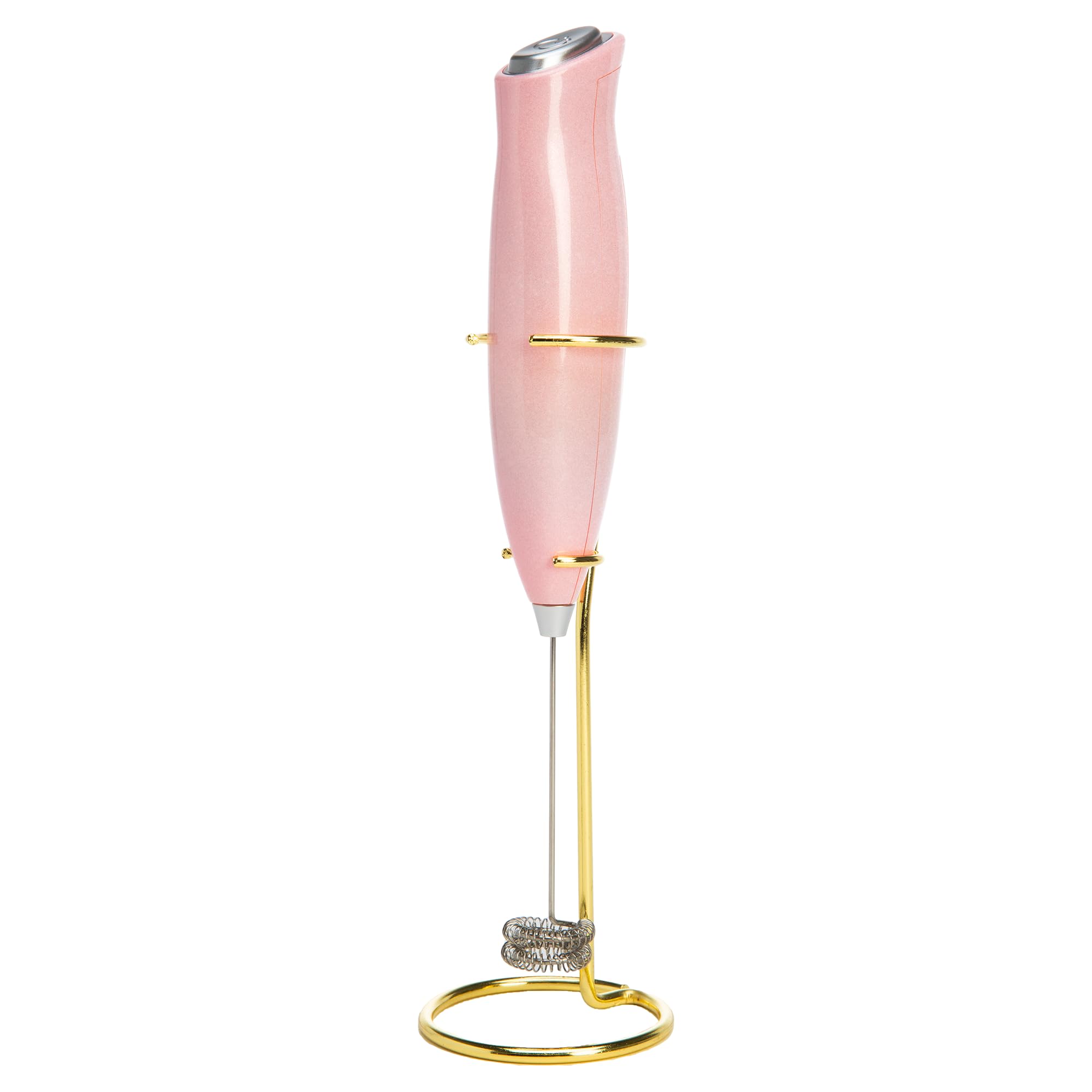 Paris Hilton Electric Handheld Milk Frother with Double Coil Head Whisk and Gold Metal Stand, Battery Powered (2 AA Batteries Required but Not Included), Pink Sparkle Finish