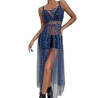 Women Mesh Cover Ups Dresses Sequin Split See-Thru Spaghetti Strap Maxi Dress Beach Coverup Cocktail Party Clubwear