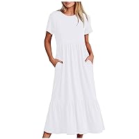 Top Deals Women Short Sleeve Midi Dresses Summer Casual Dress Ruffle Swing Flowy Sundress Mid Calf T Shirt Dress with Pocket Robe Noire Femme Funeraille