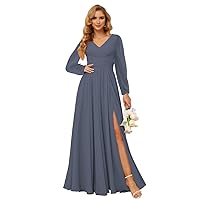Long Sleeves Bridesmaid Dresses for Women with Pockets Pleated Chiffon Long V Neck Formal Party Dresss with Slit DE41