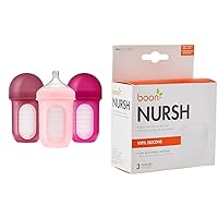 Boon Nursh Reusable Silicone Baby Bottles with Collapsible Pouch - Stage 2 Medium Flow 8 Oz Pink 3 Count and Replacement 4 Oz Gray Pouches