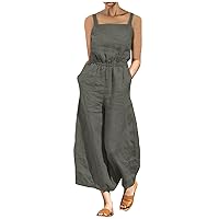 Wide Leg Linen Jumpsuits For Women Dressy With Pockets Casual Summer 2024 Sleeveless Overalls Long Rompers Outfits