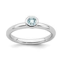 925 Sterling Silver Low Round Aquamarine Ring Jewelry for Women in Silver 10 5 6 7 8 9 and 4mm 5mm