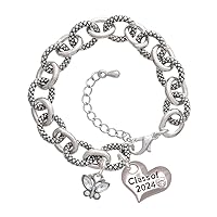 Silvertone Mini Butterfly with Wings & Crystals - Class of 2024 Heart Charm Link Bracelet, 7.25+1.25