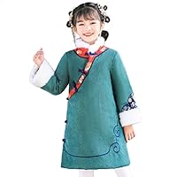 Girl's Corduroy Stitching Cheongsam Dresses,Chinese Style Buckle New Year Clothes,New Winter Embroidered Tang Suit.