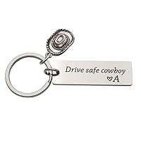 Drive Safe Cowboy Keychain Engraved Initial Personalized Gift for Husband Boyfriend Cowboy Hat Keyring New Drive Gift