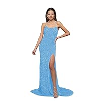 Long Spaghetti Straps Sequins Prom Dress for Women Sheat Mermiad Formal Dress with Split SF032