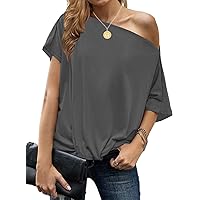 LEIYEE Womens Off Shoulder Tops Summer Casual Short Sleeve Front Twist Knot T Shirts Blouses
