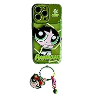 Fashion Case for iPhone 14 Pro Max with Makeup Mirror and Kawaii Pendant Cute Cartoon Pattern Soft TPU Protective Shockproof Phone Case for Teen Boys and Girls(14 PM-Green)