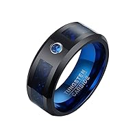 Unisex Tungsten Steel 8MM Simple Carbon Fiber Dragon Pattern Biker Ring with Solitaire Crystal Inlay Beveled Edge