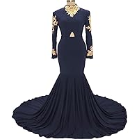 Women's 2019 Mermaid Gold Lace Appliques Prom Dresses Long Sleeves Evening Dress Party Gowns